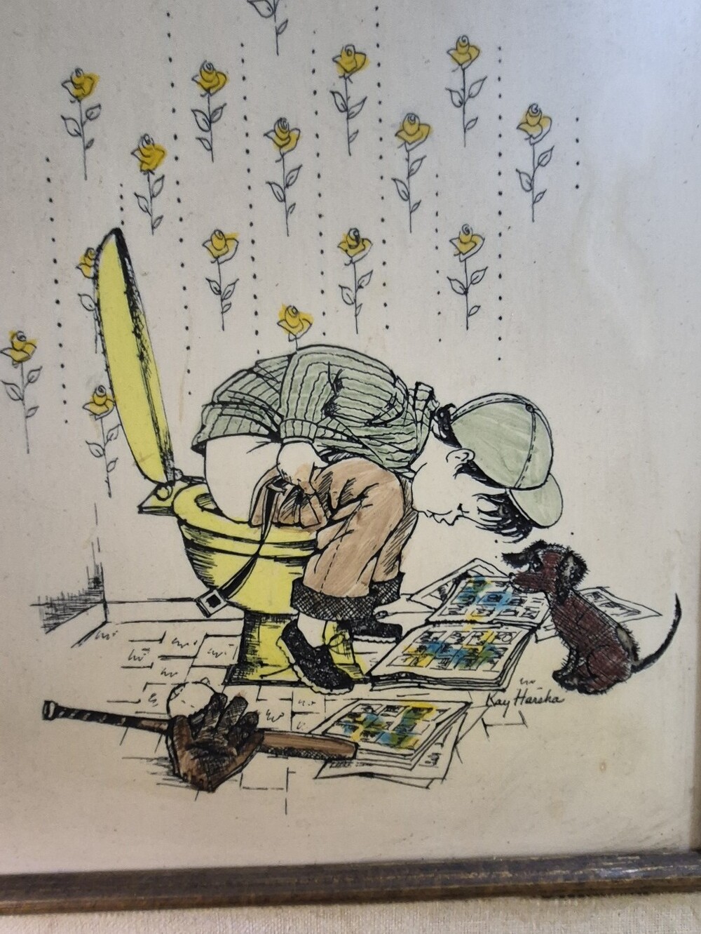Vintage 70s Marvetti Cultured Ivory Engraving Kay Harsha Boy Toilet Dog Art - Picture 2 of 2
